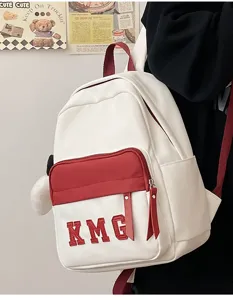 Mochila casual blanca y roja con bordado de letras, bolso escolar duradero para niños.