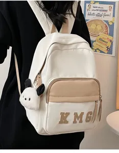 Mochila escolar para niños casual blanco caqui bolso escolar con colgante de peluche