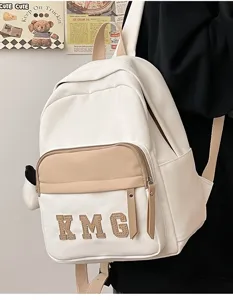 Bonita mochila infantil para la escuela y viajes, elegante diseño blanco y kaki con letras.