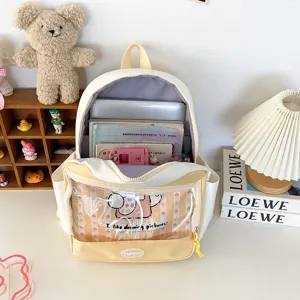 Zaino ita giallo e bianco carino con tasca trasparente in PVC, borsa scolastica per studenti.