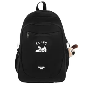 Black campus style backpack with cute dog print, front pocket design and side plush toy decor.