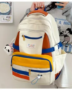 Dettagli dello zaino per studenti color-block carino, con design a più tasche e grande capacità.