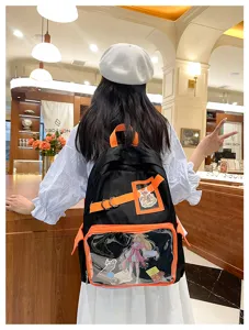 Zwarte Itabag rugzak met grote transparante voorvak anime schooltas voor casual stijl