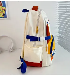 Zaino in tela color-block vista laterale, borsa casual scolastica multitasche utile.
