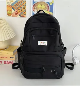 Zaino nero in stile ins giapponese di grande capacità per studenti, borsa scolastica multi-tasche