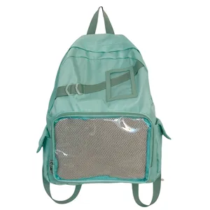 Groene ita-rugzak met transparant voorvak en gaasvenster voor studenten en animefans