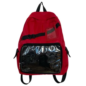Rode transparante ita-rugzak voor studenten, helder vak voor pins, casual dagelijkse schooltas.