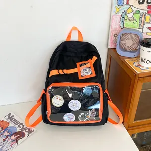 Details van de zwart-oranje transparante rugzak, ideaal voor anime pins en dagelijks gebruik.