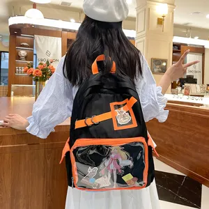 Stijlvolle zwarte transparante ita-rugzak met oranje bandjes, perfect voor anime-fans en dagelijks.