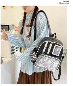 Sac à dos ita en cuir PU noir avec poche transparente pour badges style kawaii