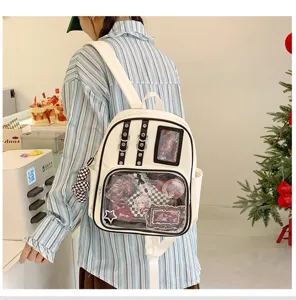 Sac à dos Ita transparent en cuir PU blanc avec grande capacité et fenêtre pour badges.