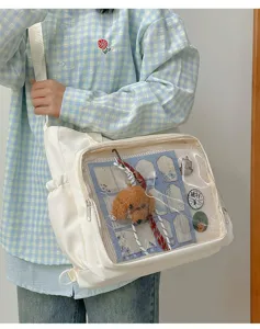 Japanese transparent ita bag with clear window, large capacity canvas shoulder crossbody bag