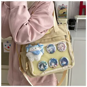 Corduroy ita tas grote capaciteit doorzichtig venster schoudertas voor anime fans