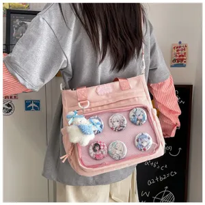 Corduroy ita tas grote capaciteit schoudertas anime student badge tas met transparant venster.