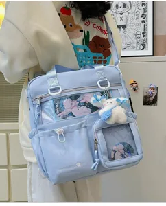 Zaino ita azzurro casual con finestra trasparente, borsa a tracolla versatile per fan anime.