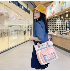 Bolso bandolera de lona para mujer, bonita bolsa escolar con varios bolsillos prácticos.