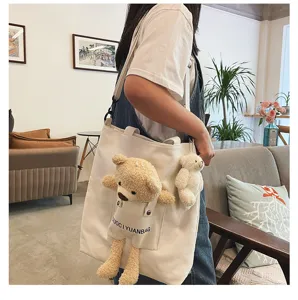 Bolso cruzado de lona bonito con osito de peluche, estilo japonés informal para estudiantes.