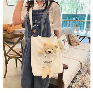 Bolso cruzado de lona con lindo oso de peluche, bolso casual diario para estudiantes