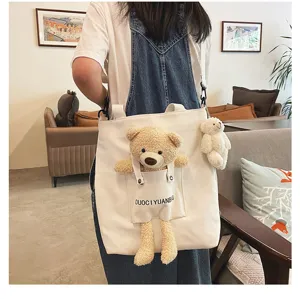 Bolso de lona bonito con osito de peluche, bolso bandolera estilo japonés casual para estudiantes.