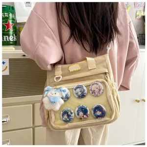 Corduroy ita tas schoudertas grote capaciteit met doorzichtig venster voor anime badges en pins.