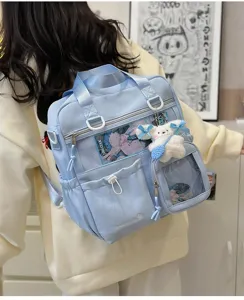 Zaino Ita giapponese carino in tela azzurra con finestra trasparente per spille da collezione