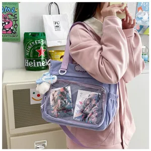 Paarse corduroy ita tas crossbody schoudertas grote capaciteit transparant venster anime studententas