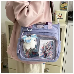 Ribfluwelen anime ita tas met doorzichtig venster, grote crossbody schoudertas voor studenten.