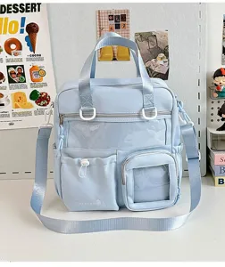 Borsa ita in tela multifunzionale azzurro chiaro con finestra trasparente e zaino.