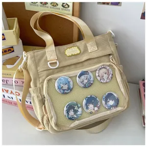 Corduroy ita tas grote capaciteit schoudertas met doorzichtige voorzak voor anime pins