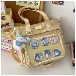 Beige corduroy Ita tas met transparant vak, grote schoudertas voor dagelijks gebruik.