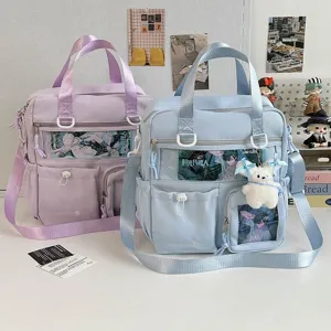 Borsa ita anime grande capacità tela tracolla zaino con finestra trasparente per spille.