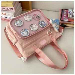 Roze corduroy ita-tas met transparant gaasvenster voor anime-badges, grote crossbodytas.