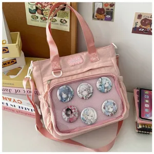 Roze corduroy ita tas schoudertas grote capaciteit transparante badge display venster