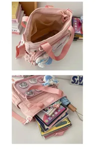 Roze ribfluweel ita tas met venster, grote schoudertas messenger bag voor studenten en fans.