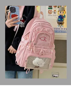 Pink ballet style pleated lace pain bag with transparent pocket, large capacity backpack.