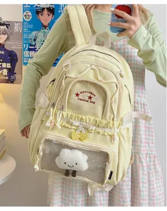 Cute ruffled ita backpack with clear mesh window, large capacity school bag for daily use.