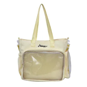 Clear front pocket ita bag detail view, large capacity beige shoulder bag for anime pins.