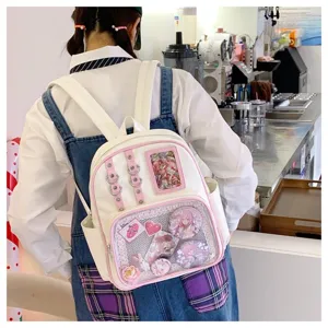 Sac à dos ita en cuir PU blanc et rose mignon avec fenêtre transparente pour anime.