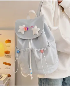 Cute Japanese style casual backpack for girls, lightweight blue school bag with plush stars.