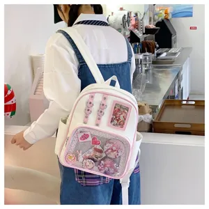 Sac à dos ita-bag transparent en cuir PU blanc et rose avec fenêtre claire pour badges.