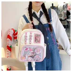 Sac à dos Ita en PU Blanc Cartable Fenêtre transparente avec badges et épingles anime