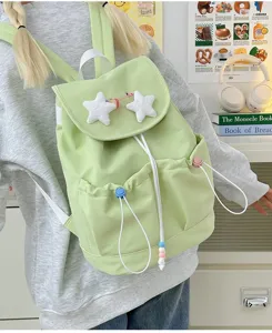 Japanese casual canvas backpack for school girls, cute light green star daypack with pockets
