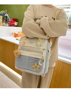 Grand Sac d'Ecole en Toile Sac Bandouliere Multipoche Casual pour Filles et Etudiantes Tendance