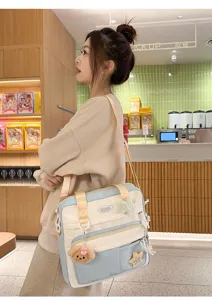 Grand sac bandouliere en toile pour filles, joli cabas d'etudiante mignon avec pendentif.