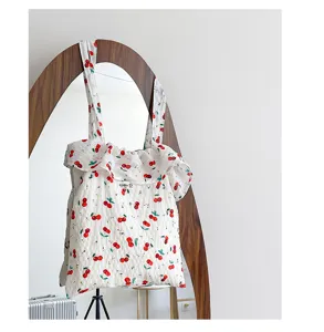 2025 Sommer neuer Kirschen-Print Chiffon Shopper mit Rüschen, süße lässige Damen Schultertasche.