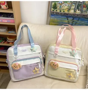 Sac à main cartable pastel mignon grande capacité pour étudiant sac bandoulière avec peluche chiot.