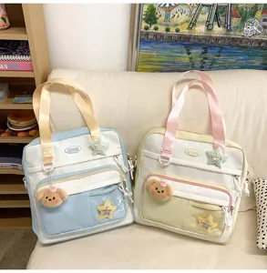 Sac à main en toile mignon grande capacité sac bandoulière avec pendentif en peluche d'ours