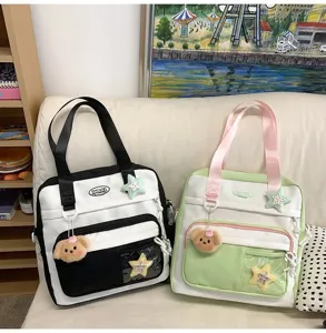 Sac cabas en toile pour filles, grand sac porté épaule et bandoulière avec joli pendentif