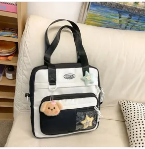 Sac cabas en toile noir et blanc grande capacité bandoulière sac d'école pour filles quotidien