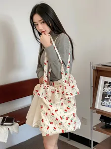 Kirschdruck Netz Schultertasche mit süßem Rüschenrand, lässige Chiffon Handtasche für Damen.